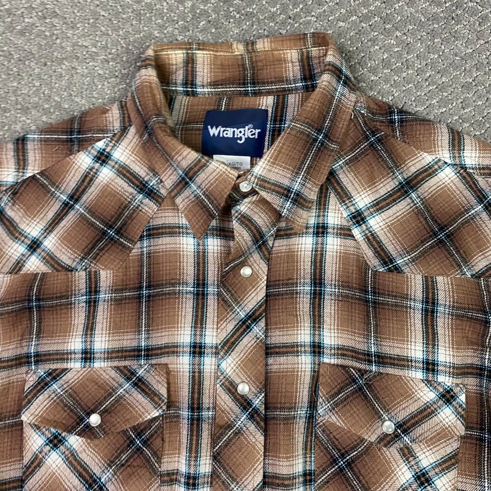 Vintage Wrangler Pearl Snap Flannel Shirt Men's XL Brown Check Plaid Wester - Picture 2 of 11